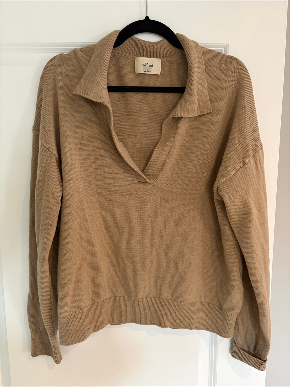 Wilfred Beige/Tan V-Neck Knit Sweater with Open Collar. 100% Merino Wool.